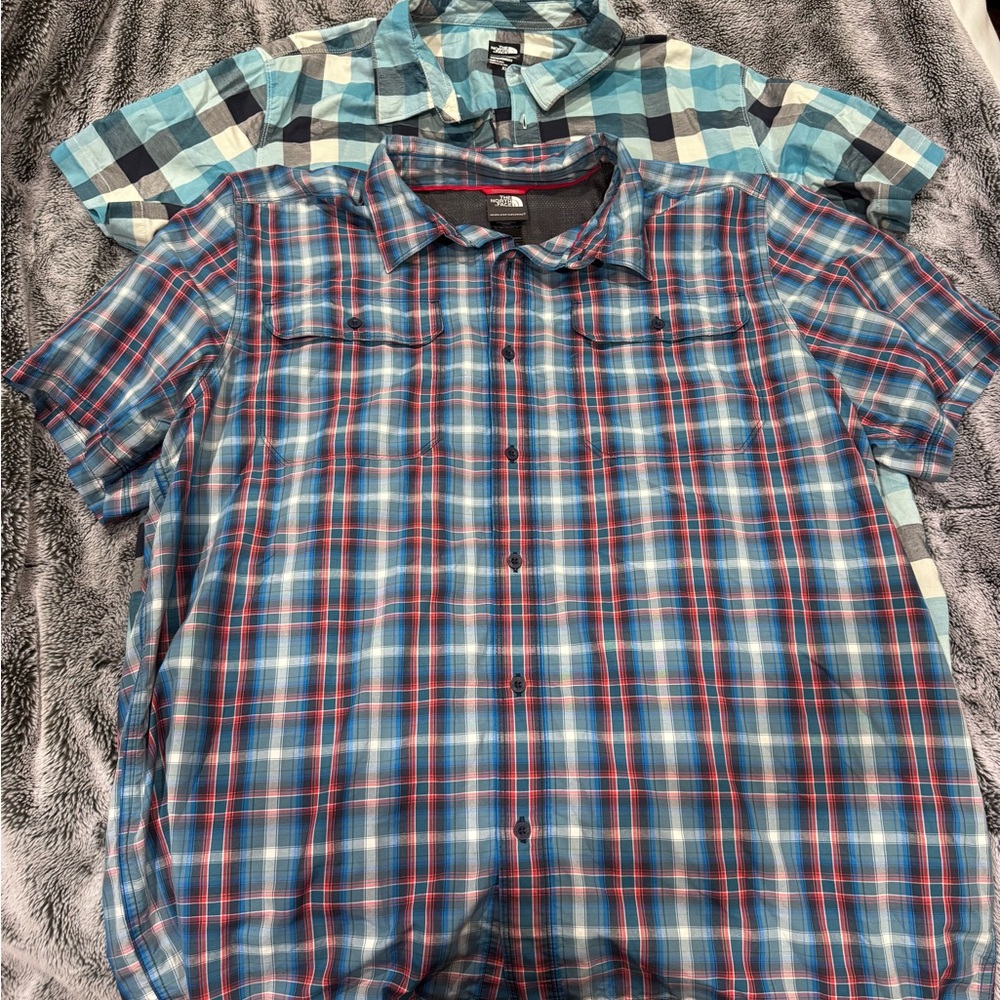 Pair of Plaid Button-Up North Face Shirts - Blue and Red